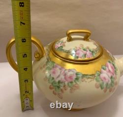 Limoge Antique Teapot T&V France Hand Painted Pink Rose Flowers Gold Art Deco