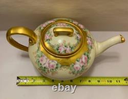 Limoge Antique Teapot T&V France Hand Painted Pink Rose Flowers Gold Art Deco