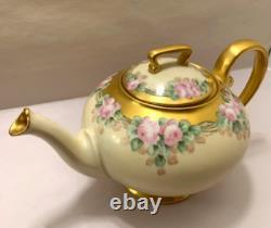 Limoge Antique Teapot T&V France Hand Painted Pink Rose Flowers Gold Art Deco