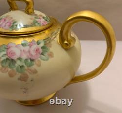 Limoge Antique Teapot T&V France Hand Painted Pink Rose Flowers Gold Art Deco