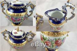 Limoges China Porcelain Victorian Cobalt Blue Gold Pink Roses Creamer Sugar Bowl