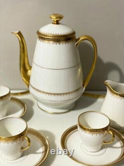Limoges Elite Works France Hand Painted Gold White Tea Cup & Saucer & Pot Set