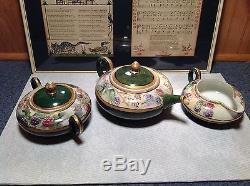 Limoges France Handmade Vintage Tea Set Teapot Creamer Sugar Green Floral Design