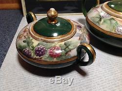 Limoges France Handmade Vintage Tea Set Teapot Creamer Sugar Green Floral Design