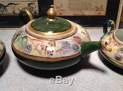 Limoges France Handmade Vintage Tea Set Teapot Creamer Sugar Green Floral Design