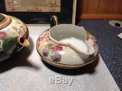 Limoges France Handmade Vintage Tea Set Teapot Creamer Sugar Green Floral Design