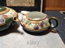 Limoges France Handmade Vintage Tea Set Teapot Creamer Sugar Green Floral Design