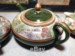 Limoges France Handmade Vintage Tea Set Teapot Creamer Sugar Green Floral Design