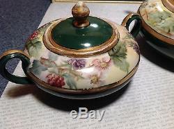 Limoges France Handmade Vintage Tea Set Teapot Creamer Sugar Green Floral Design