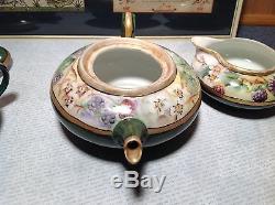 Limoges France Handmade Vintage Tea Set Teapot Creamer Sugar Green Floral Design