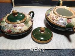 Limoges France Handmade Vintage Tea Set Teapot Creamer Sugar Green Floral Design