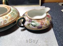 Limoges France Handmade Vintage Tea Set Teapot Creamer Sugar Green Floral Design