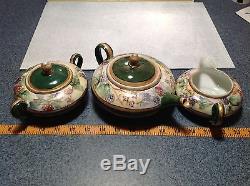 Limoges France Handmade Vintage Tea Set Teapot Creamer Sugar Green Floral Design