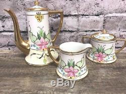 Limoges France Set of 3 Porcelain Teapot/Creamer/Sugar Gold trim Flower Floral