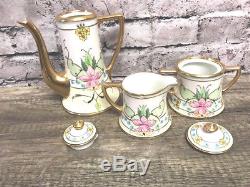 Limoges France Set of 3 Porcelain Teapot/Creamer/Sugar Gold trim Flower Floral