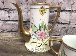 Limoges France Set of 3 Porcelain Teapot/Creamer/Sugar Gold trim Flower Floral