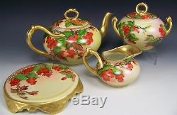 Limoges Hand Painted Currants Tea Pot Creamer Sugar & Trivet Set Artist Signed