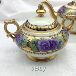 Limoges Hand Painted Purple Flowers Gold Tea Set Teapot Sugar Creamer Donath Lot