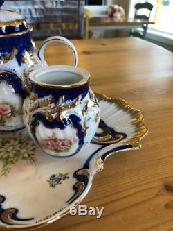 Limoges Hand Painted Rose Tea Pot Set, Sugar Bowl / Tray/Charger Vtg