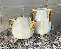 Limoges tea pot & creamer set Frugier Aluminite France Porcelain aqua + gilded