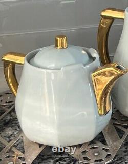 Limoges tea pot & creamer set Frugier Aluminite France Porcelain aqua + gilded