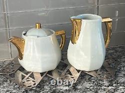 Limoges tea pot & creamer set Frugier Aluminite France Porcelain aqua + gilded