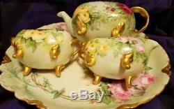 Llimoges Hand Painted Rose Tea Set /Pot /Creamer /Sugar /Charger, Artist Signed