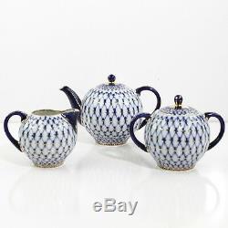 Lomonosov 1744 St Petersburg Cobalt Net Tea Pot, Sugar And Creamer Set