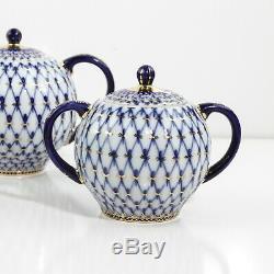 Lomonosov 1744 St Petersburg Cobalt Net Tea Pot, Sugar And Creamer Set