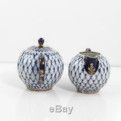 Lomonosov 1744 St Petersburg Cobalt Net Tea Pot, Sugar And Creamer Set