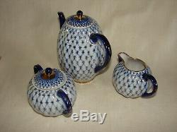 Lomonosov Russian Imperial Porcelain Cobalt Net Tea Pot, Sugar And Creamer Set