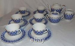 Lomonosov Russian Porcelain Blue Snowflake Tea Pot Set Cup Saucer 21pcs