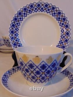 Lomonosov Russian Porcelain Blue Snowflake Tea Pot Set Cup Saucer 21pcs