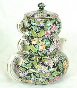 Lord Nelson Stacked Tea Set Teapot, Sugar, Creamer & Lid BLACK BEAUTY Chintz