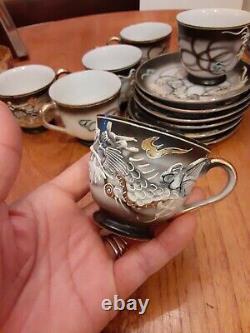 Lot of 15 Pcs Vtg Japan Raised Dragon Demitasse Cupsaucer Teapot& Creamer Set