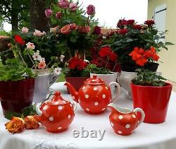 Lovely antique french Digoin tea set red white polka dots teapot sugar bowl 1930