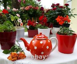 Lovely antique french Digoin tea set red white polka dots teapot sugar bowl 1930
