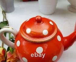 Lovely antique french Digoin tea set red white polka dots teapot sugar bowl 1930