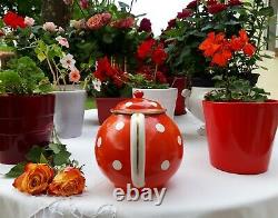 Lovely antique french Digoin tea set red white polka dots teapot sugar bowl 1930