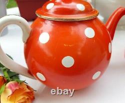 Lovely antique french Digoin tea set red white polka dots teapot sugar bowl 1930