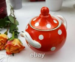 Lovely antique french Digoin tea set red white polka dots teapot sugar bowl 1930