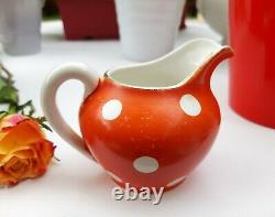 Lovely antique french Digoin tea set red white polka dots teapot sugar bowl 1930