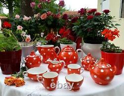 Lovely antique french Digoin tea set red white polka dots teapot sugar bowl 1930