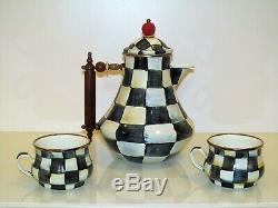 MACKENZIE CHILDS COFFEE/ TEA SET Courtly Check Pattern PITCHER TEAPOT & TWO CUPS