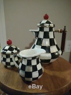 MACKENZIE CHILDS TEA SET Courtly Check Pattern teapot, sugar bowl and creamer