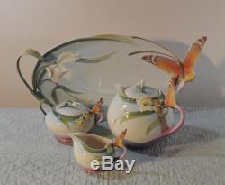 MIB Franz Porcelain Teapot, Sugar Jar, Creamer & Tray Papillon Butterfly Tea Set