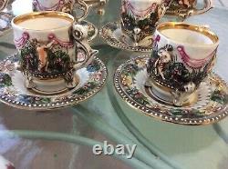 MIDCENTURY TEA SET Capodimonte Teapot Sugar Bowl Creamer Saucer Cups Bell CHERUB