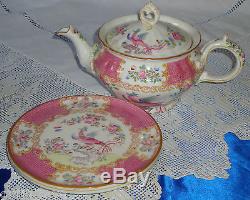 MINTON PINK COCKATRICE Breakfast Set / Tea Set With Teapot & Stand LARGE CUPS