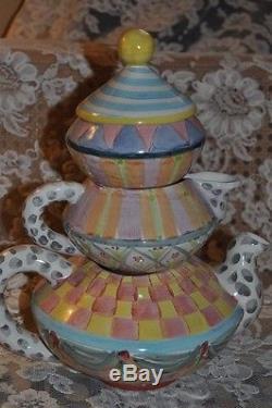 MacKENZIE-CHILDS Tea Set Tourqay Pattern Stacked Tea Pot, Sugar & Creamer