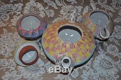 MacKENZIE-CHILDS Tea Set Tourqay Pattern Stacked Tea Pot, Sugar & Creamer